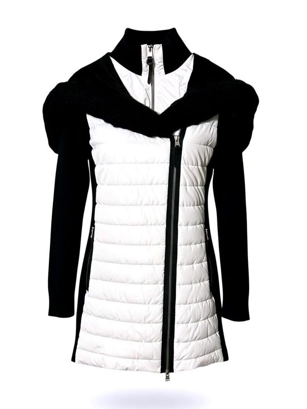 CALVIN KLEIN Performance Womens (L) White/Black Zip Puffer Jacket Faux Fur Hood